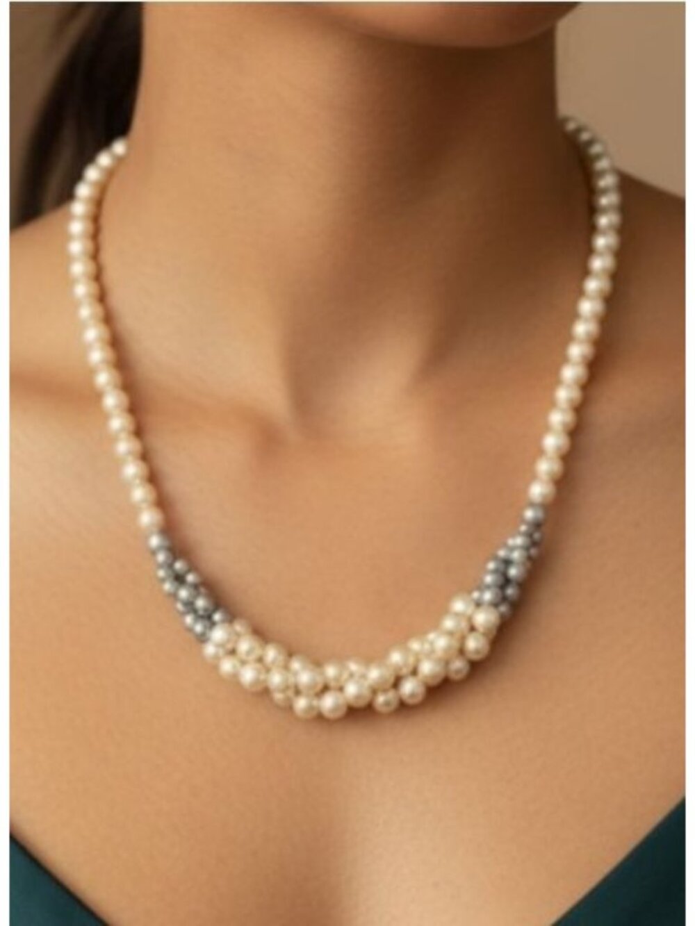 Statement Necklace Two Tone Faux Pearl Silver-tone Clasp Ivory Gray